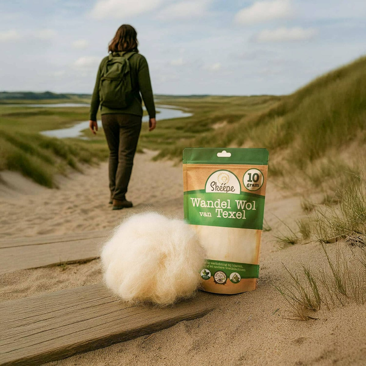 AI-generated mood impression of hiking wool 10g in a Texel hiking area