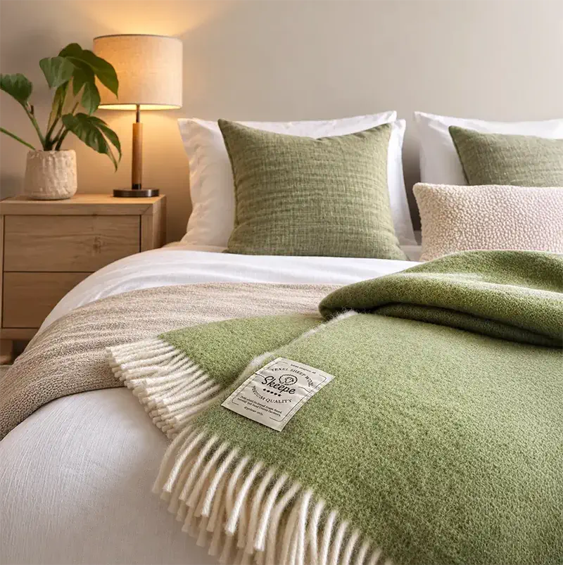 Detail van de dikke, geweven Texelse schapenwol in groene plaid
